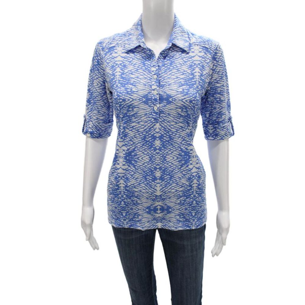 Sport Haley Women Collared Geometric Tunic Polo Blue 3/4 Sleeve Button Size XS